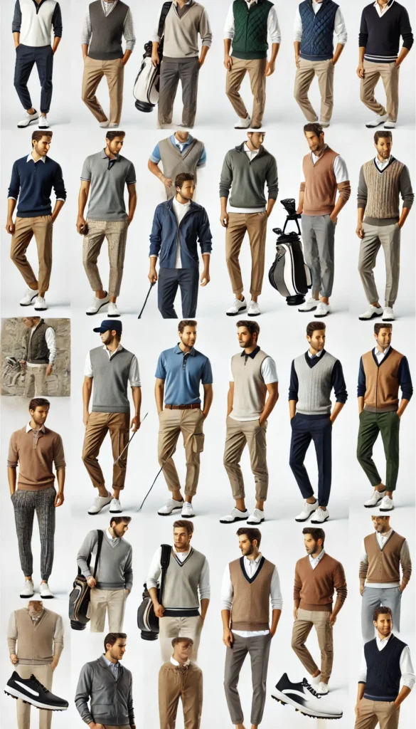 DALL·E 2024 07 09 20.35.00 A collection of stylish and functional golfing outfits for men each image showcasing a different outfit suitable for various weather conditions and t 1