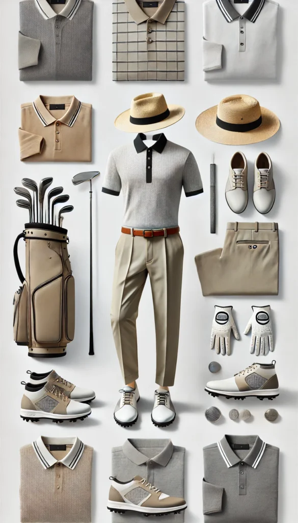 DALL·E 2024 07 09 20.35.03 A stylish and functional golfing outfit for men featuring a modern look with a polo shirt tailored trousers a golf hat gloves and golf shoes. The