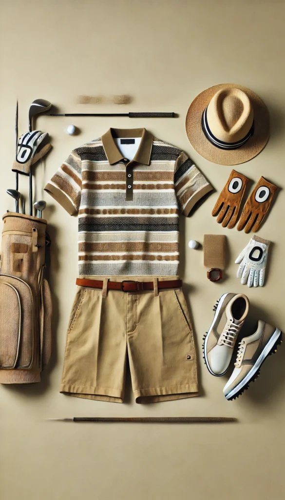 DALL·E 2024 07 09 20.35.05 A classic and functional golfing outfit for men featuring a retro look with a patterned polo shirt khaki shorts a golf hat gloves and golf shoes