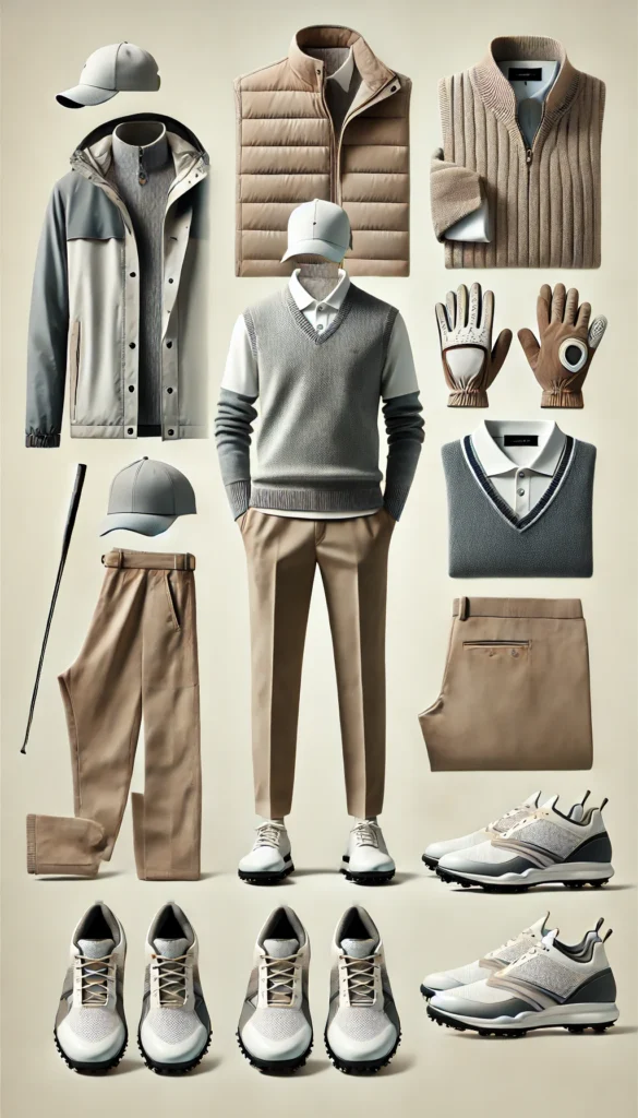 DALL·E 2024 07 09 20.35.07 A stylish and functional golfing outfit for men featuring a modern look with a lightweight jacket polo shirt tailored trousers golf hat gloves a