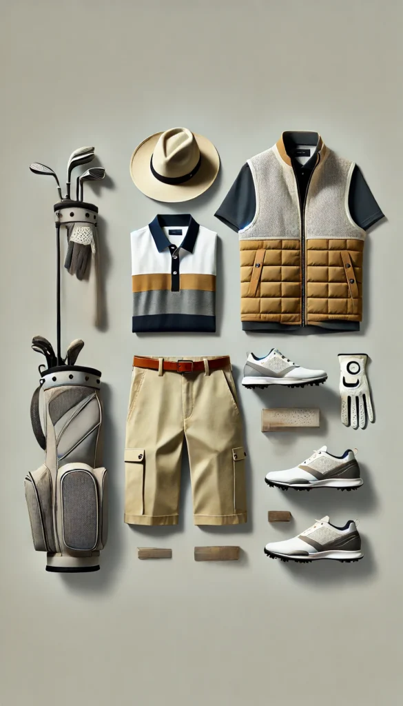 DALL·E 2024 07 09 20.35.08 A functional and stylish golfing outfit for men featuring a modern look with a polo shirt shorts a lightweight vest golf hat gloves and golf sho