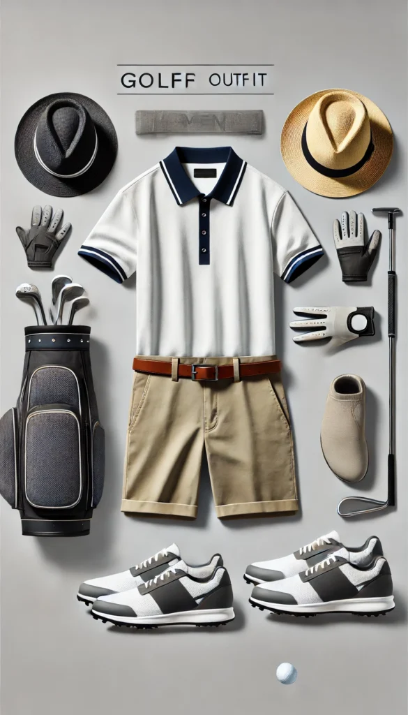 DALL·E 2024 07 09 20.35.12 A stylish and functional golfing outfit for men featuring a modern look with a polo shirt shorts a golf hat gloves and golf shoes. The outfit is