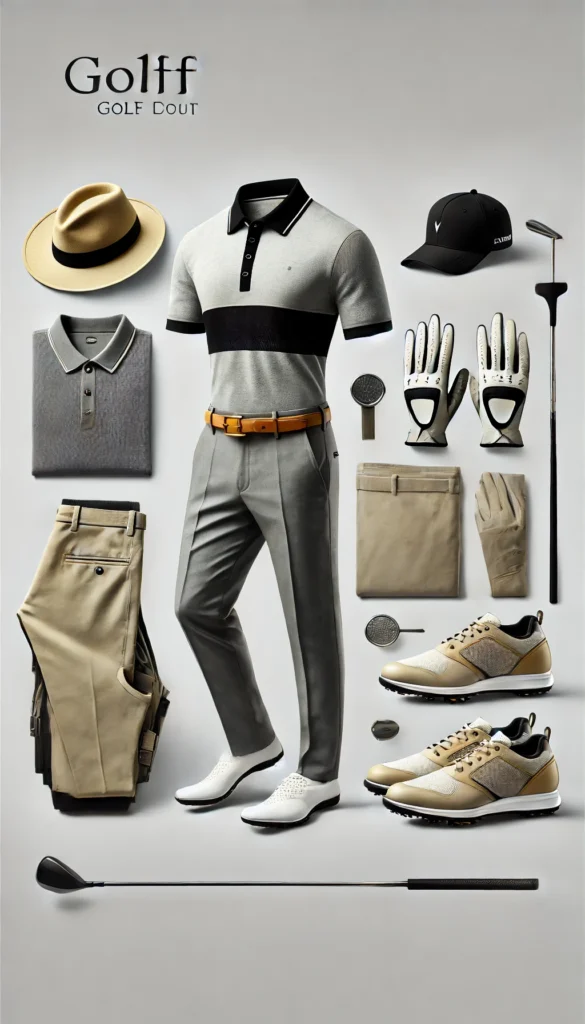 DALL·E 2024 07 09 20.35.14 A functional and stylish golfing outfit for men featuring a classic look with a polo shirt tailored trousers a golf hat gloves and golf shoes. Th