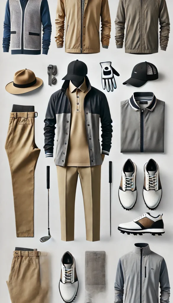 DALL·E 2024 07 09 20.35.17 A functional and stylish golfing outfit for men featuring a modern look with a polo shirt tailored trousers a lightweight rain jacket golf hat gl