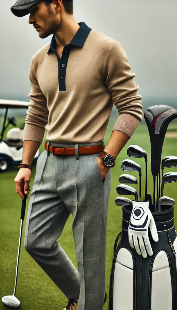 DALL·E 2024 07 09 20.50.30 A functional and stylish golfing outfit for men featuring a classic look with a polo shirt tailored trousers a golf hat gloves and golf shoes. Th