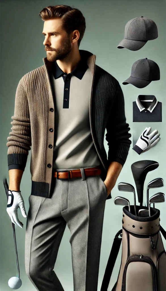 DALL·E 2024 07 09 20.50.32 A stylish and functional golfing outfit for men featuring a modern look with a polo shirt tailored trousers a lightweight sweater golf hat gloves