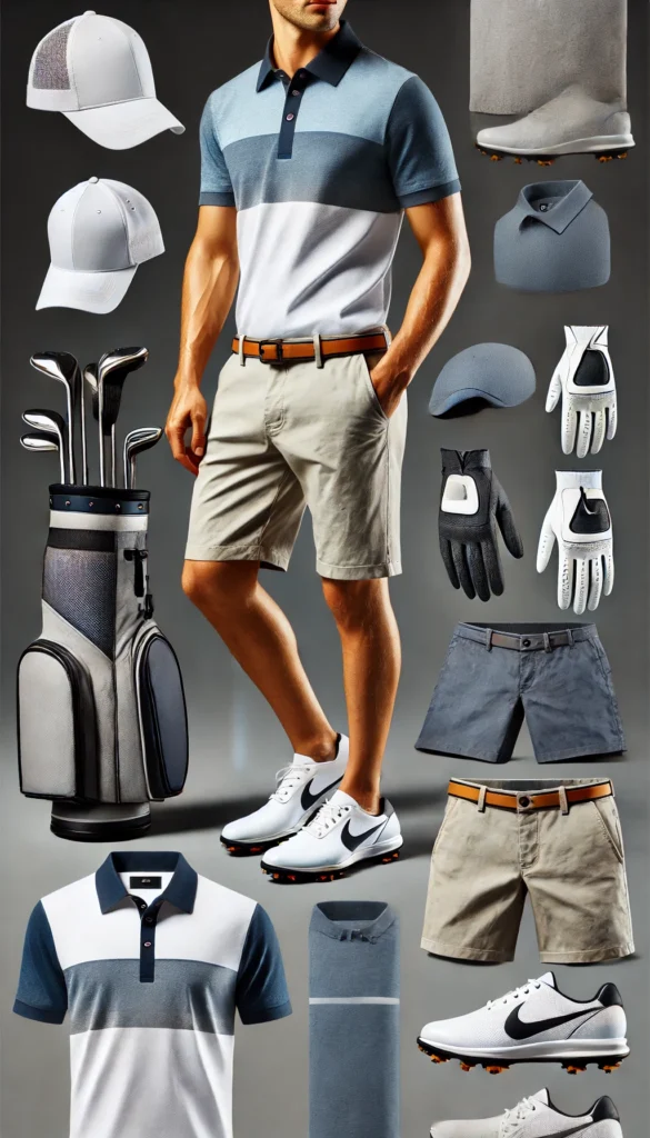 DALL·E 2024 07 09 20.50.34 A stylish and functional golfing outfit for men featuring a modern look with a polo shirt shorts a golf hat gloves and golf shoes. The outfit is