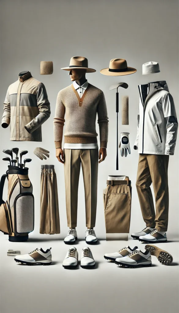 DALL·E 2024 07 09 20.50.36 A functional and stylish golfing outfit for men featuring a modern look with a polo shirt tailored trousers a lightweight rain jacket golf hat gl