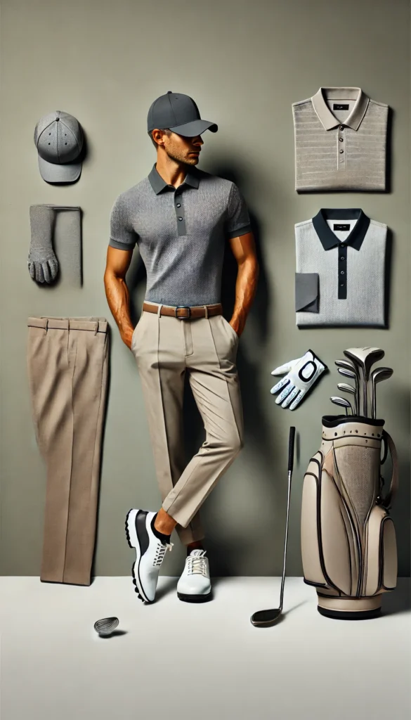 DALL·E 2024 07 09 20.50.38 A stylish and functional golfing outfit for men featuring a modern look with a polo shirt tailored trousers a golf hat gloves and golf shoes. The