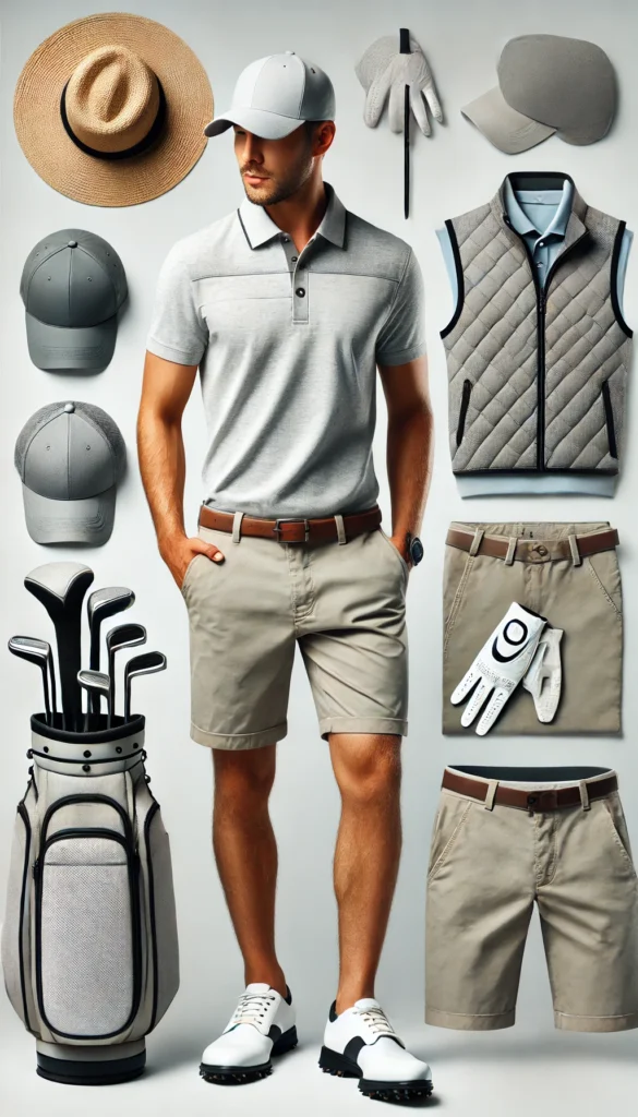 DALL·E 2024 07 09 20.50.40 A functional and stylish golfing outfit for men featuring a modern look with a polo shirt shorts a lightweight vest golf hat gloves and golf sho