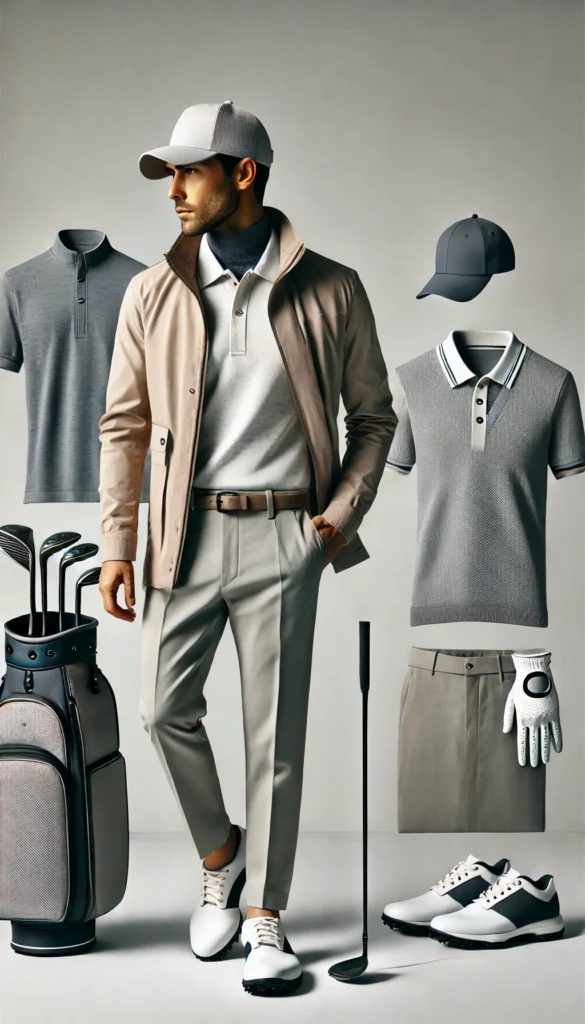 DALL·E 2024 07 09 20.50.42 A stylish and functional golfing outfit for men featuring a modern look with a lightweight jacket polo shirt tailored trousers golf hat gloves a