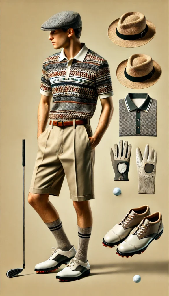 DALL·E 2024 07 09 20.50.44 A classic and functional golfing outfit for men featuring a retro look with a patterned polo shirt khaki shorts a golf hat gloves and golf shoes