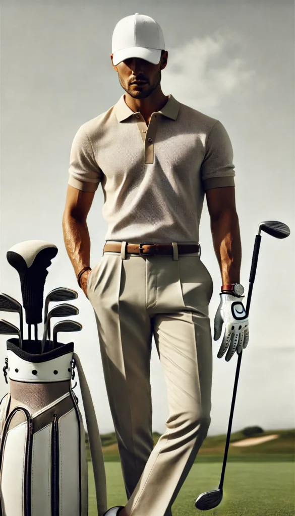 DALL·E 2024 07 09 20.50.46 A stylish and functional golfing outfit for men featuring a modern look with a polo shirt tailored trousers a golf hat gloves and golf shoes. The