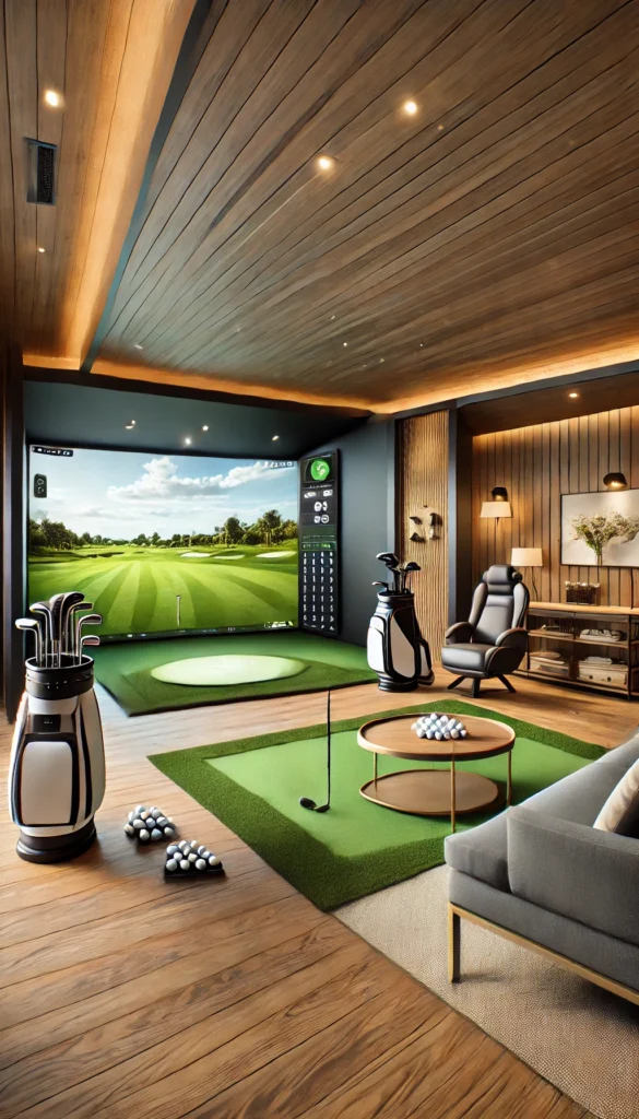 DALL·E 2024 07 09 21.26.22 A realistic golf simulator room with modern design featuring a large screen for simulation golf clubs a comfortable seating area and ambient light 1